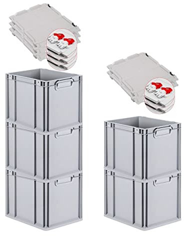 PROREGAL SuperSparSet 5x Eurobox NextGen Grip mit Scharnierdeckel und roten Schiebeschnappverschlüssen, HxBxT 32x30x40cm, 30 L, Grau, Griffe geschlossen, Eurobehälter, Transportbox
