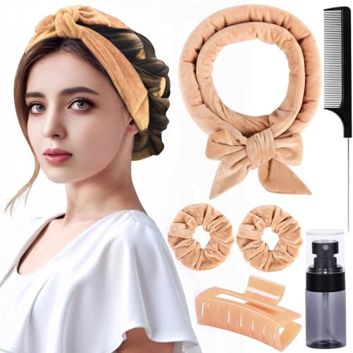 Heatless Hair Curlers to Sleep in Heatless Curling Rod Headband For Long Hair Overnight Heatless Curls For Women Velcro Hair Rollers, Bottle, Hair Clips, Scrunchie, Rat-Tail Comb, 6pcs Set (Khaki)