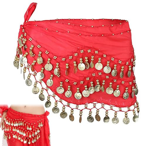Bauchtanz Gürtel Damen Bauchtanz Hüfttuch Chiffon Bauchtanz Münztuch Kostüm Hüfttuch Rock Für Orientalische Tanz Damen Mit 128 Münzen(DE/NL/SE/PL, Bundweite, 40, Regular, Regular, Rot)