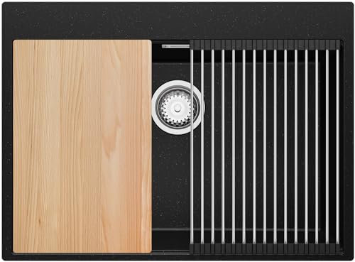 PRIMAGRAN Fregadero Cocina Negro Metallic 68x50cm, Granito 1 Seno + Sifón + Enrollable Escurridor, Sobre encimera al mueble 70cm - Oslo S202