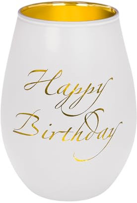 Toptime Windlicht Geburtstag, Weiß Gold Teelichthalter mit Happy Birthday Gravu, Elegante Teelichtgläser für Tischdeko, Windlicht Glas Outdoor