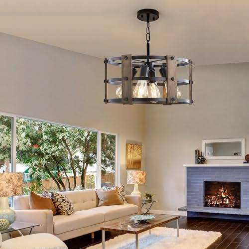 Mikeru Farmhouse LED Wooden Pendant Light, 39cm 4 Lights Industrial Lighting Ceiling Pendant, Vintage Wooden Hanging Pendant Light for Kitchen, Living Room, Farmhouse, Dining Room, Hallway