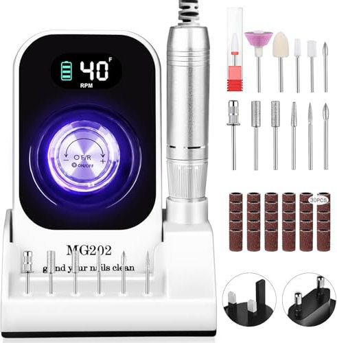 Trapano per unghie professionale 40000 giri/min, lima per unghie elettrica Urbuti 12 in 1 4000 mAh con display LCD, velocità regolabile, silenzioso, trapano per manicure portatile per salone/casa (Bia
