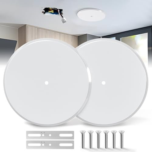 Ceiling Cover Plate,5 Inch Metal Blank Wall Plate Fits 3-1/4 to 4 Round/Octagon Electrical Box Holes,Smoke Detector Cover Plate With Center Screws, Hole Spacing 1.75 to 3.5 (White-2 Pcs)