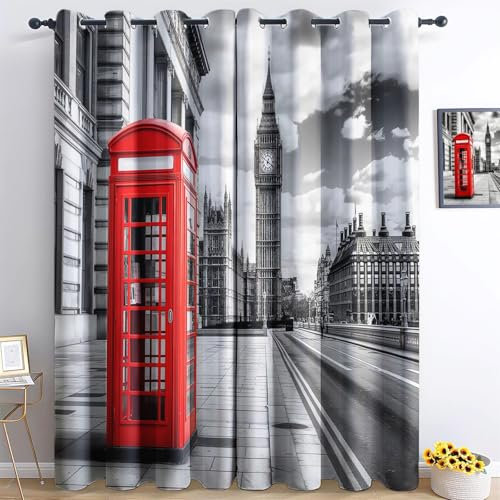 XCQHZYQ City London Impression Grey Verdunklungsvorhänge Kinderzimmer Junge Mädchen, Polyester Blickdichte Vorhänge H 160 x B 132 cm 2er Set Gardinen mit Ösen Wohnzimmer Fensterdekoration
