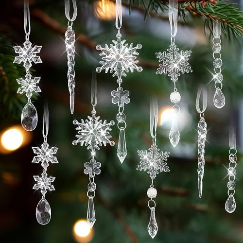 Gjinxi 10 Stück Weihnachtsbaum Deko Schneeflocken Anhänger Acryl Christbaumschmuck Hängende Ornamente Weihnachtsdeko Weihnachtsbaumschmuck für Weihnachts-Fenster Winter Hochzeit Neujahrsparty Zubehör