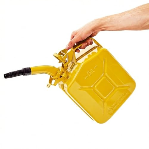 BW® Benzinkanister Metall 5 Liter mit Ausgießer - Kraftstoffkanister Gelb - RAL 1018 - TÜV-geprüft und UN-Zulassung - 0,8mm Stahl nach DIN 7274 - Made in Europe