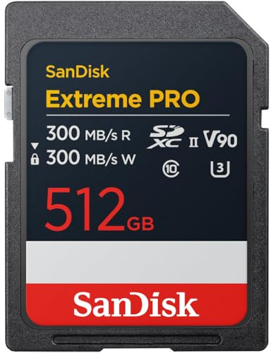 SanDisk Extreme PRO 512GB SDXC UHS-II card, up to 300 MB/s read speeds, 300 MB/s write speeds, V90, Pro-level performance enables cinema-quality 8K video recording