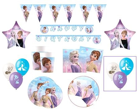 Kit Compleanno Frozen 112pz ( 24 bicchieri, 24 piatti, 40 tovaglioli, 1 tovaglia, 1 festone, 1 festone bandierine, 1 palloncini metal, 20 palloncini lattice)