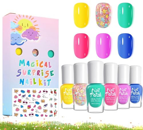 DMQ Nail Polish Set for Kids, 6Pcs Rainbow Colors Kids Nail Varnish Set, Non-Toxic Peel-Off Children Glitter Nail Polish Kit, Quick Dry Water-Based Kids Nail Paint Gel Gifts for Girls Birthday
