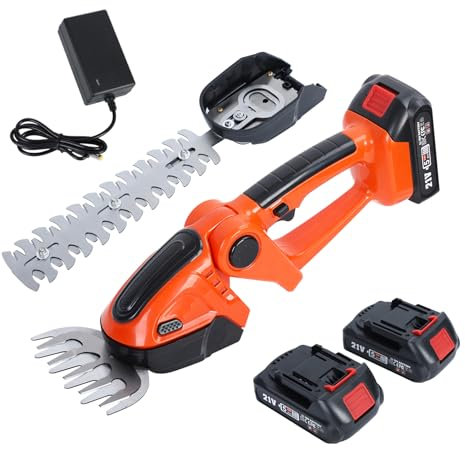 Grasschere und Strauchscheren Akku Set (21V, 2 in 1 Akku Baumschere, Laufzeit ca. 60min) Heckenschere Elektrisch, Astschere, Mini Heckenschere mit Akkus (Rot)