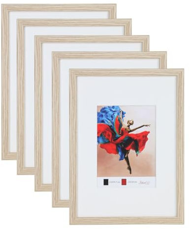 KM FOTO Set Holz Bilderrahmen modern mit passepartout fotorahmen mit acrylglas Galerie HR-5: Farbe: 5er Pack Eiche | Format: 21x29,7 DIN A4