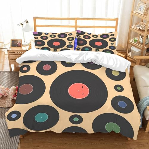 NIOYNJIS Bettwäsche Set 100% Baumwolle ist,Bunte Musik DJ Vinyl Retro-Disk Vintage Phonograph Muster Aufnahme akustischen A,und allem auch für Personen mit Hautsensibilisierung empfohlen 200x228cm
