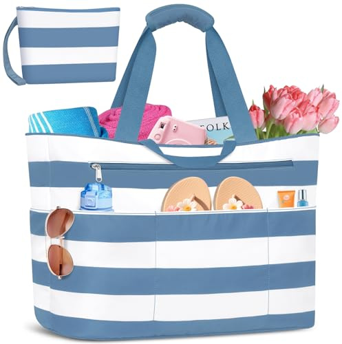 BTNEEU Bolsa de Playa Grande XXL con Cremallera Bolso Playa Familiar 50L Impermeable Bolso de Viaje Mujer Plegable Beach Tote Bag con 14 Bolsillos Shopper para Piscina Picnic Gimnasio (Azul Gris)