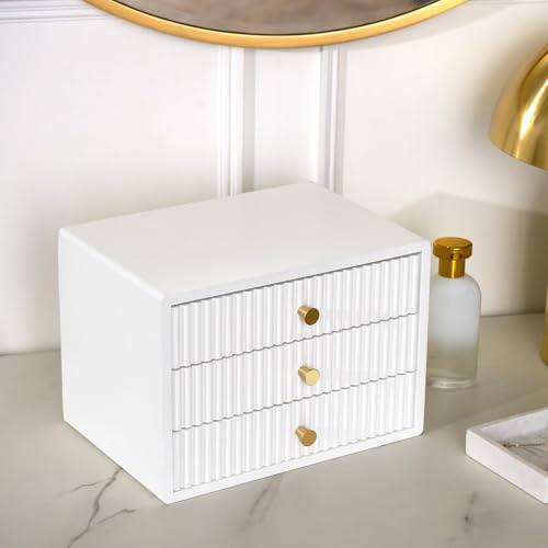 OHS White Wooden Desktop Drawers Ribbed, Small Desktop Organizer Office Supplies Filing Tidy Storage Shelf Stackable Makeup Container Jewellery Box Storage Cabinet with 3 Drawers