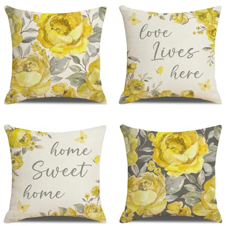 Plstod Blumen Kissenbezug 45x45, 4 Stück Frühlings Kissenbezüge Set, Leinen Sofakissen Bezug, Aquarellgemälde Florales Kissenhülle 45x45, Pillow Case für Wohnzimmer Schlafzimmer