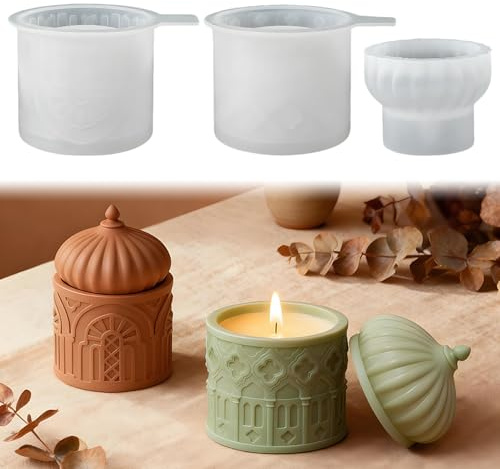 Silikonformen Gießformen Kerzenhalter, Ramadan Silikonform Kerzenhalter Rund, Gießformen Silikon Teelichthalter, Moschee Gips Silikon Gießform Dose mit Deckel für Kerzenständer Blumentopf Behälter (O)