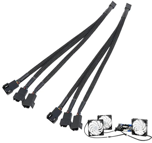 2 Pack 4 Pin PWM Fan Splitter, Fan Splitter Cable 1 to 3 Y, 27cm for Computer Case Fans Connects to Motherboard Header Unified Speed Control Synchronized RPM Signal Sleeve Wrapped for Tidy PC Cooling