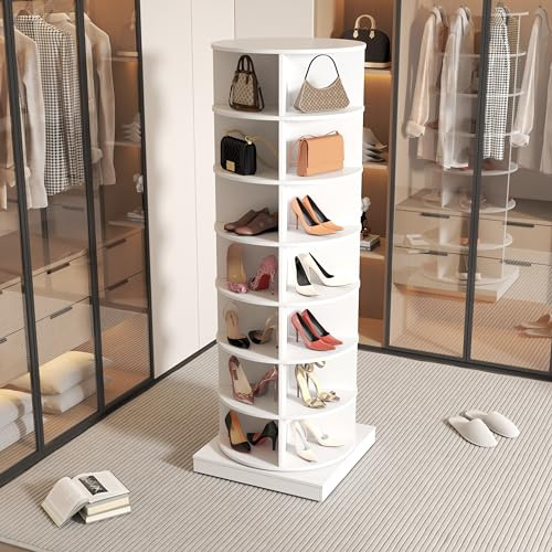 Zapatero Giratorio 360° Con MDF y Tablero De Partículas, Gran Capacidad Con 7 Niveles, Mueble Zapatero Rotatorio, Armario Para Guardar Hasta 28 Pares De Zapatos, Blanco, 60.96x60.96x165 cm