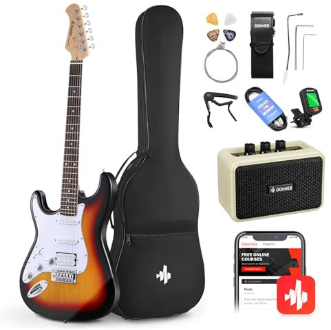 Donner Juego de guitarra eléctrica de 39 pulgadas para principiantes zurdos, pastillas S-S-H con amplificador, bolsa, correa, cuerdas, afinador, cable, púas, DST100