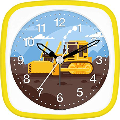 Eurotime Wecker Jungen Baustelle Planierraupe, Kinderwecker, Gelb, Kunststoffgehäuse und Kunststoffglas, geräuscharmer Wecker, ohne Ticken, mit Licht und Weckwiederholung, 27146-03