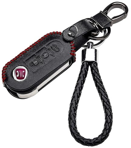 Kaser Auto-Schlüssel-Abdeckungs-Leder-Fob-Fall für Fiat 500 Panda Punto Lancia Ypslon Delta 3 Knopf-Fernschlüsselshell-Schutz mit Keychain (rot Stitching) Red Edition