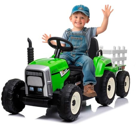 Tractor ATAA Ceres con Remolque - Verde- Tractor eléctrico para niños con Remolque y batería 12v, música MP3, Luces y Mando para Padres