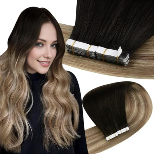 Easyouth Ombre Tape in Extension Echthaar Remy Tape in Haarverlangerung Off Black zu Mittelbraun Mit Mittelblond Tapes Extensions Echthaar Ombre Glatt 55 cm 50g #1B/8/22