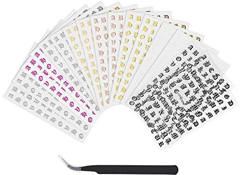 16 Sheets with Abstract 3D Letters Nail Art Stickers Self-Adhesive with Tweezers 8 Colours DIY Nail Decoration