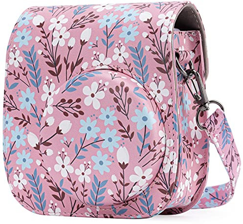 Frankmate Housse pour Fujifilm Instax Mini 11/9/8/8 + Appareil Photo Instantané - Sac de Caméra en Cuir Voyage Caméra Cover Case Sac avec bandoulière Amovible (Flowers Pink)