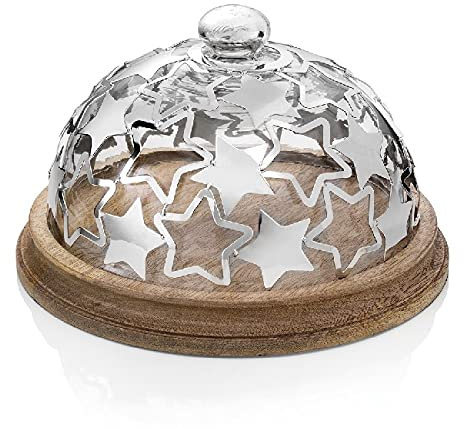 HOMEMANIA Porta Torte Stella - Vassoio, Tortiera - con Coperchio - da Cucina - Argento in Metallo, Vetro, Legno, 31 x 31 x 18 cm