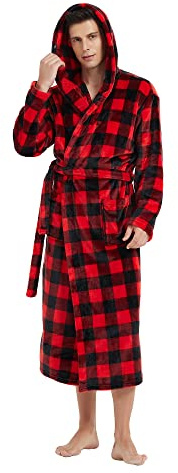 Vulcanodon Mens Robe with Hood, Fleece Bathrobe Plush Robes for Men(Buffalo Plaid-Red,2XL/3XL)