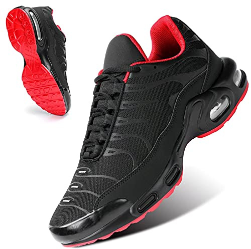 Baskets pour hommes Chaussures de course mode Coussin d'air Sneakers décontractés Marche Tennis Gym Sport athlétique, noir/rouge, 45.5 EU