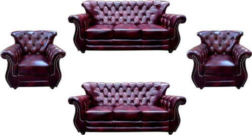 Casa Padrino Luxus Chesterfield Echtleder Wohnzimmer Set Bordeauxrot/Braun/Silber - 2 Leder Sofas & 2 Leder Sessel - Chesterfield Wohnzimmer Möbel