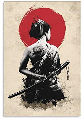 Japanische Geisha Samurai Kunst Gemälde Leinwand Poster Wandkunst Dekor Druck Bild Gemälde für Wohnzimmer Schlafzimmer Dekoration 45 x 65 cm