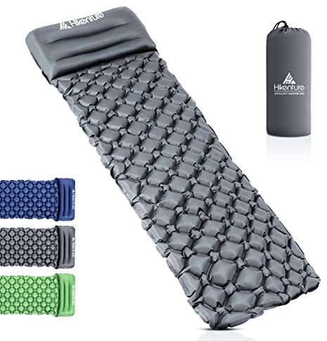 HIKENTURE Isomatte Camping kleines Packmaß Aufblasbare Luftmatratze Ultraleicht - Schlafmatte für Camping, Trekking, Backpacking (Grau mit Kissen)- Grey B4…