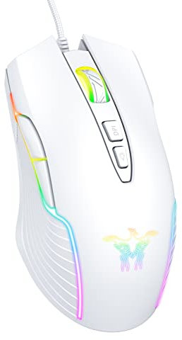 PHNIXGAM Wired Gaming Mouse, Ergonomic RGB Computer Mouse with RGB Backlight, Adjustable DPI UP to 6400, 7 Programmable Buttons for Windows Vista Linux (White)