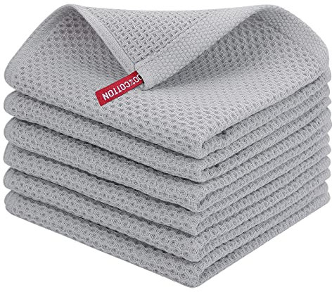 Moosfor Geschirrtücher 100% Baumwolle, 6er Set 30 x 30 cm, Weiche Geschirrhandtücher Küchenhandtücher Saugfähig Küchentücher Dicke Premium Geschirrtuch Spüllappen Putzlappen, Hellgrau