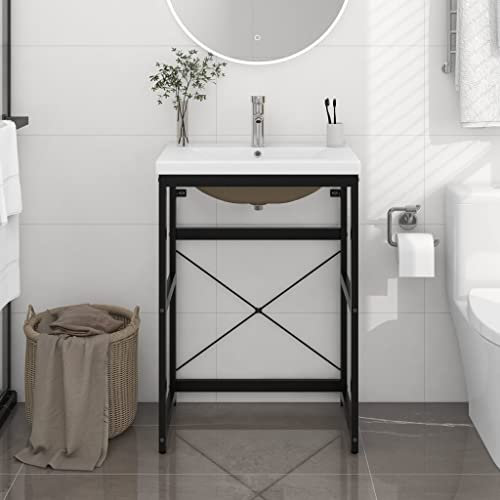 Makastle Waschtisch Waschtischkonsole mit Metall-Untergestell, Aufsatzwaschtisch mit Waschbecken, Schwarz Eisen 59 x 38 x 83 cm