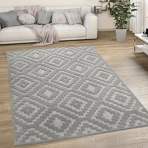 Paco Home Outdoor Teppich wetterfest & langlebig Moderne Boho-Designs mit 3D-Effekt Skandi-Look UV-beständig & robust für Balkon, Garten, Wohnzimmer & Küche, Grösse:120x160 cm, Farbe:Grau 2