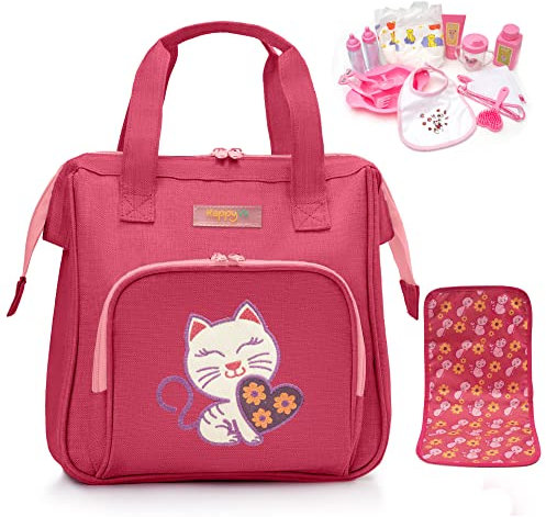 HappyVk- Puppen Wickeltasche mit Puppenzubehör Set - Handtasche für Mädchen - süße Katze Stickerei - Rosa