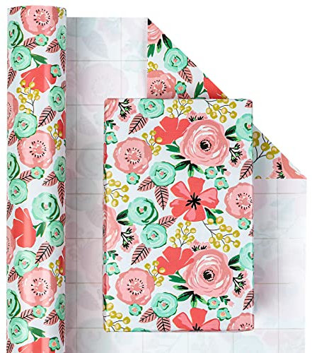 RUSPEPA Rouleau De Papier Cadeau - Motif Floral Rose Pêche Pour Anniversaire, Fête Des Mères, Mariage, Baby Shower Wrap - 43,2 cm X 10 m