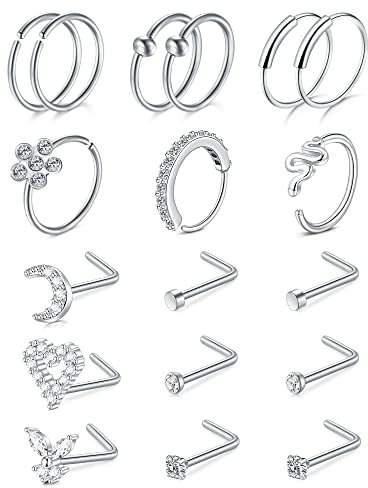 JFORYOU Nasenpiercing Stecker Nasenringe 20G Ohrstecker Chirurgenstahl L Form Nasenstecker für Frauen CZ Herz Mond Schmetterling Herz Schlange Nasenpiercings Schmuck