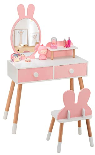 DREAMADE 2 in 1 Kinder Schminktisch mit Hocker und abnehmbarem Spiegel, Kinderschminktisch aus Holz, Prinzessin Frisiertisch Kosmetiktisch mit Schublade für Kinder Mädchen ab 3 Jahren (Rosa)