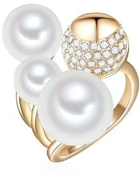 Lulu & Jane Damen-Ring aus Messing gelbvergoldet mit Muschelkernperlen Rund 8-12 mm weiß Glassteine - Perlenring Cocktailring