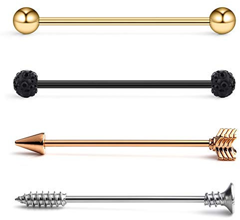 Longbeauty 4 Pcs 14 Gauge Industrial Piercing Barbells Set 38mm Edelstahl Bars Pfeil Schraube Ohrstecker Schmuck Knorpel Stabs Langhantel, Gemischte Farbe