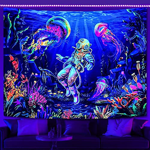 YEXIT Schwarzlicht-Wandteppich, UV-reaktiv, bunte Korallenpflanze, Quallen, Taucher, Wand-Astronauten-Tapisserie für Schlafzimmer, Dekoration, 152,4 x 203,2 cm