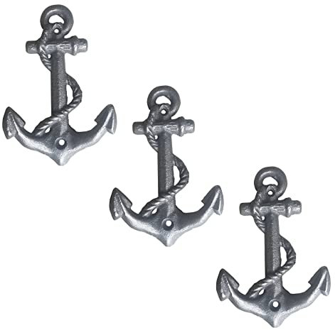 TentHome 3er-Set Garderobenhaken Doppelhaken Maritim Wandhaken Garderobe Doppelt Haken Anker Tau-Optik Gusseisen Wandgarderobe Wanddeko Kleiderhaken Gartenhaken Schwarz (Mattschwarz)