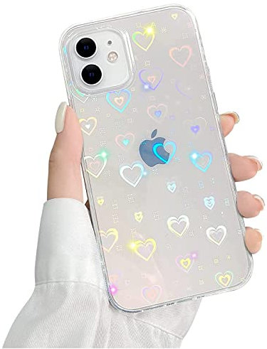 QUESPLE Kompatibel mit iPhone 11 Hülle Transparent Glitzer Herz Muster für Frauen Mädchen Mode Weiche Langlebige Schlanke TPU Handyhülle, Hart PC Rückseite Kratzfest