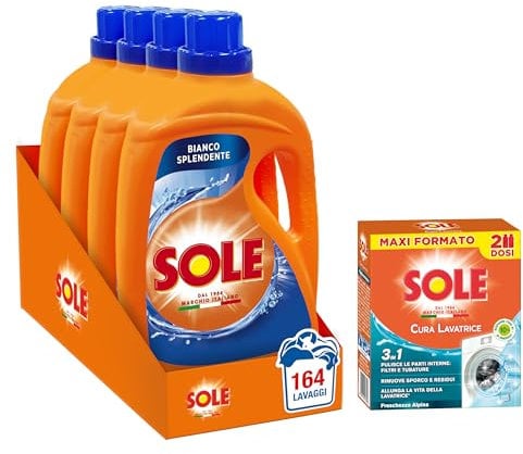 Kit Sole, Detersivo Lavatrice Liquido Bianco Splendente 164 lavaggi (4x41) + 1 confezione di Cura Lavatrice Classico, contro sporco e cattivi odori (250x2 ml)